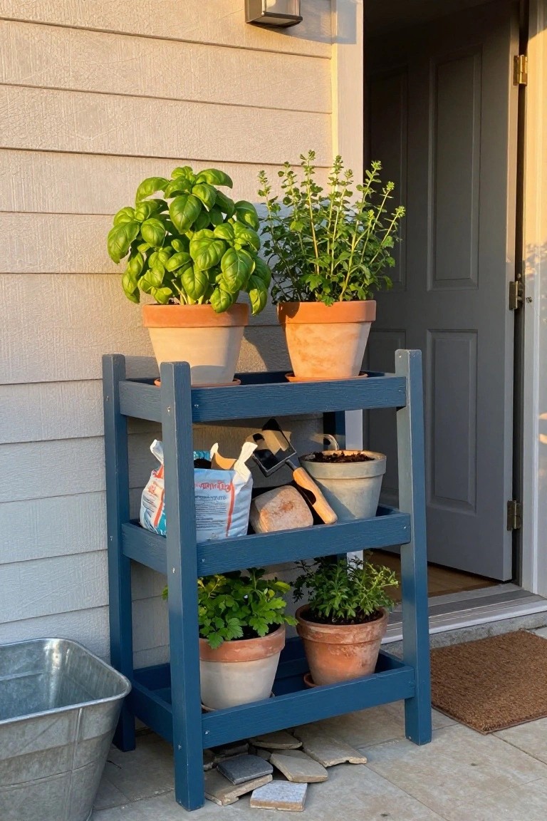 A blue three-tier wooden shelf with potted herbs on the top and bottom levels and gardening supplies stored on the middle shelf, placed next to a house door.