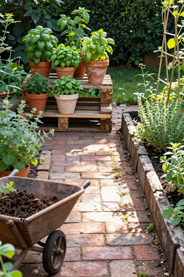 A wooden pallet holds several terracotta pots of green herbs beside a brick garden path with a wheelbarrow nearby.