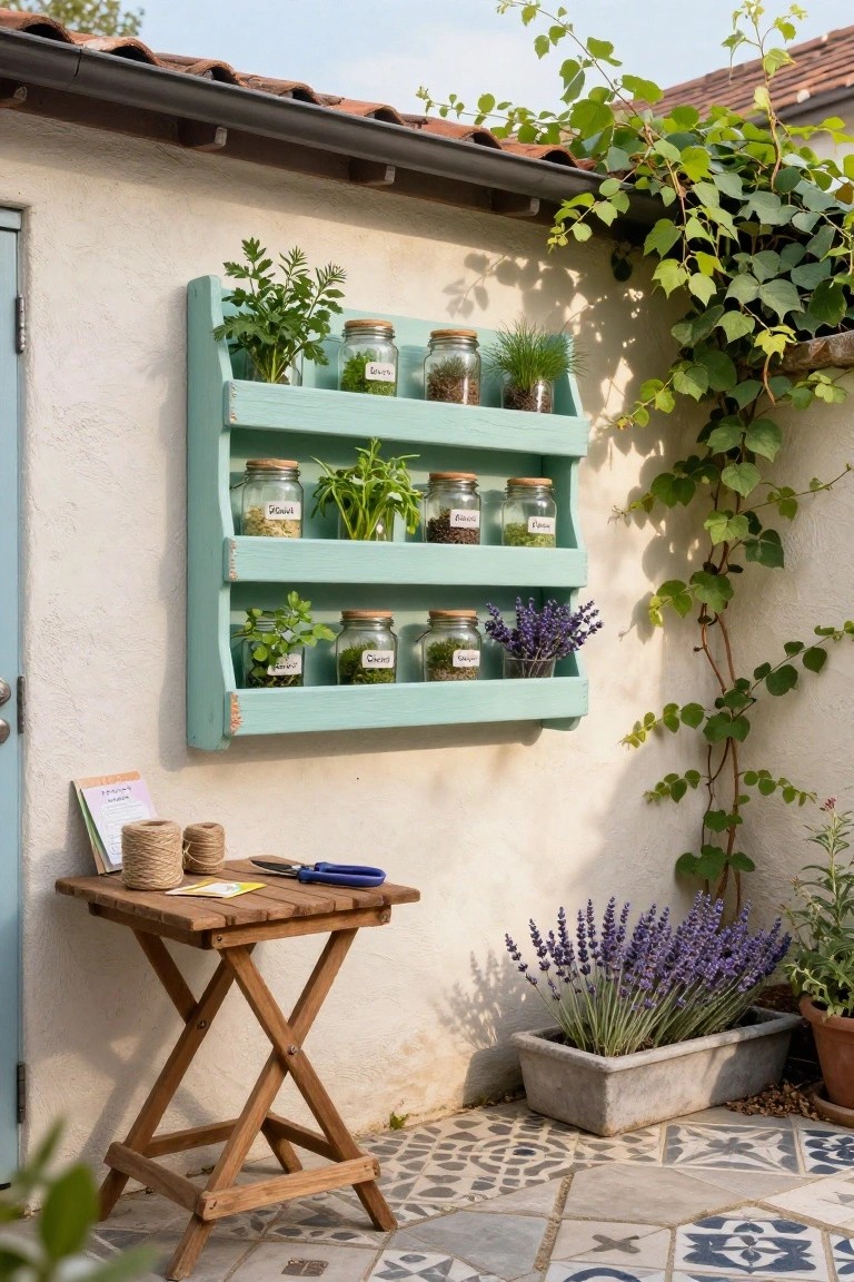 A light blue wooden multi-tier wall shelf mounted on an exterior wall holds glass jars filled with various herbs and small plants.