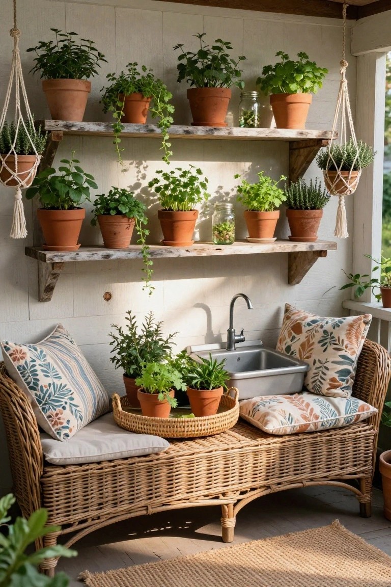 Wicker bench with cushions under wooden shelves of potted herbs and metal sink