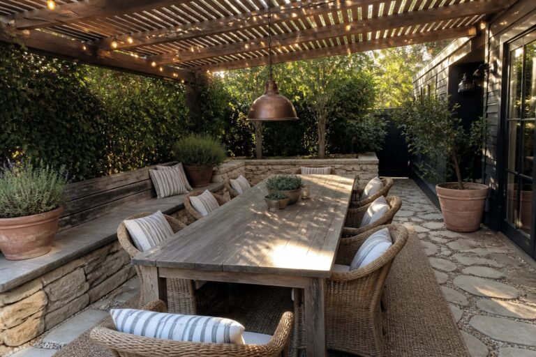 22 Practical Patio Pergola Ideas Designed for Partial Shade Rustic wooden table with wicker chairs on stone patio under string-lit pergola