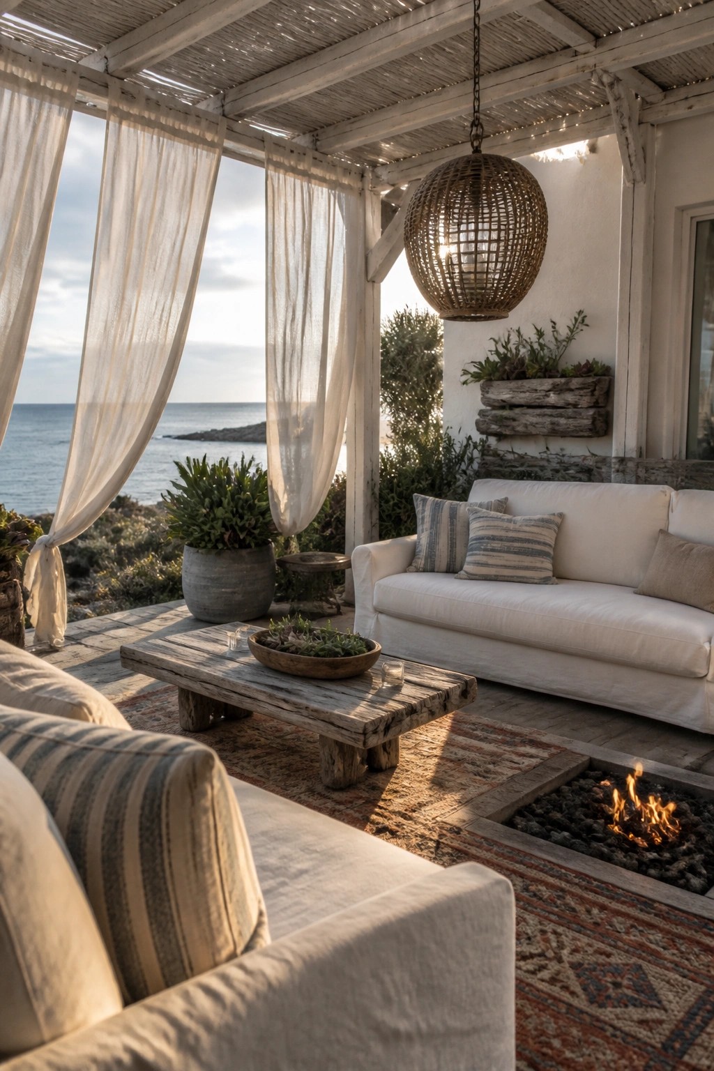 Outdoor patio under a wooden pergola with white sheer curtains tied back, white sofa, rustic coffee table, built-in fire pit, and ocean view beyond.
