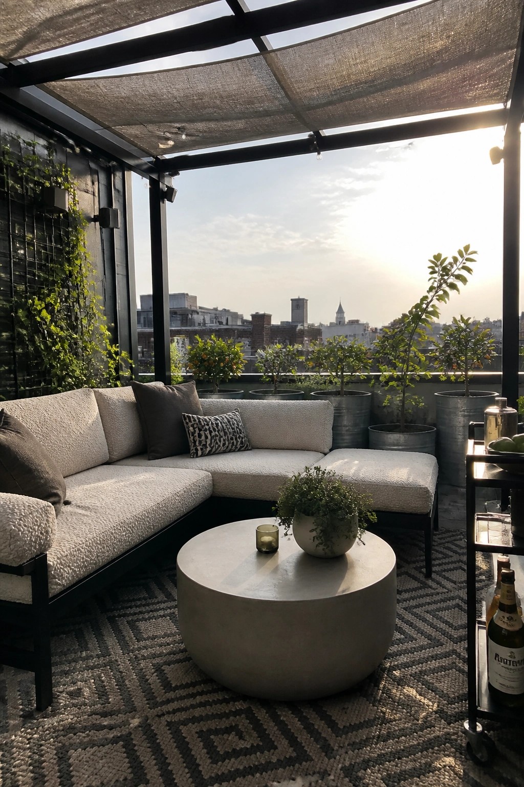 Rooftop patio with black metal frame and gray mesh shade overhead, white sectional sofa, round concrete table, potted trees, and city skyline in the background.