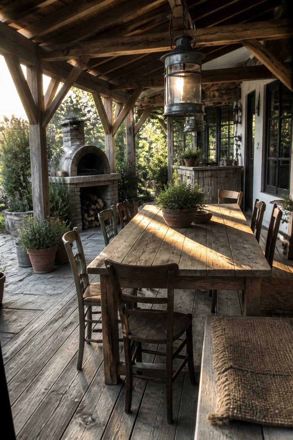 A rustic wooden pergola covers a long dining table on a stone patio beside a brick oven.