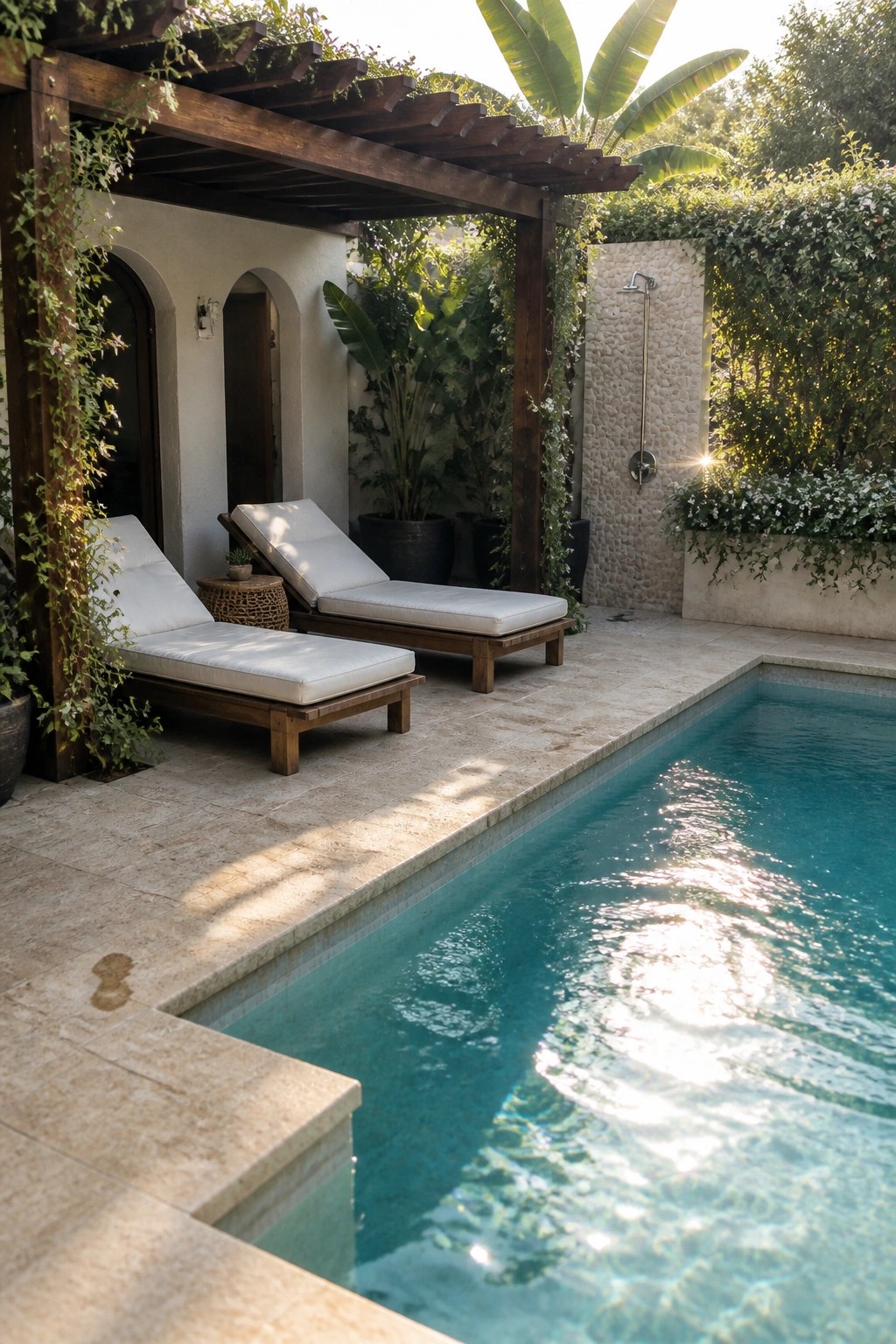 Sunlit turquoise pool with two cushioned lounge chairs under vine-covered wooden pergola.