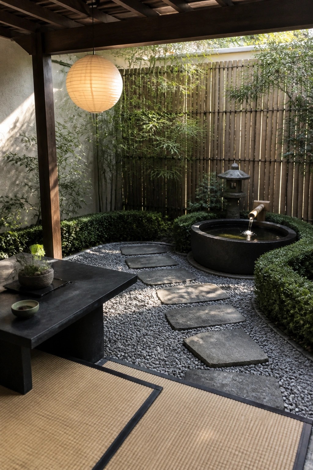 Japanese zen garden with stone lantern, water basin, stepping stones, and hanging lantern.