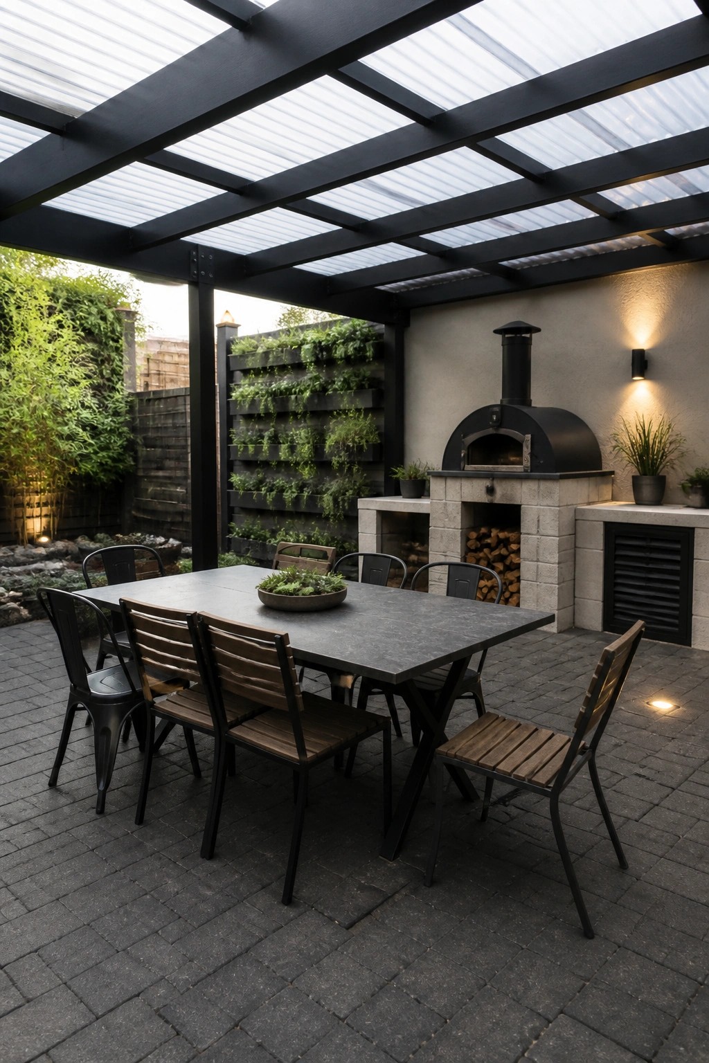 An outdoor patio with a black metal pergola featuring a translucent corrugated roof over a dining table, positioned next to a stone outdoor oven with stacked firewood.