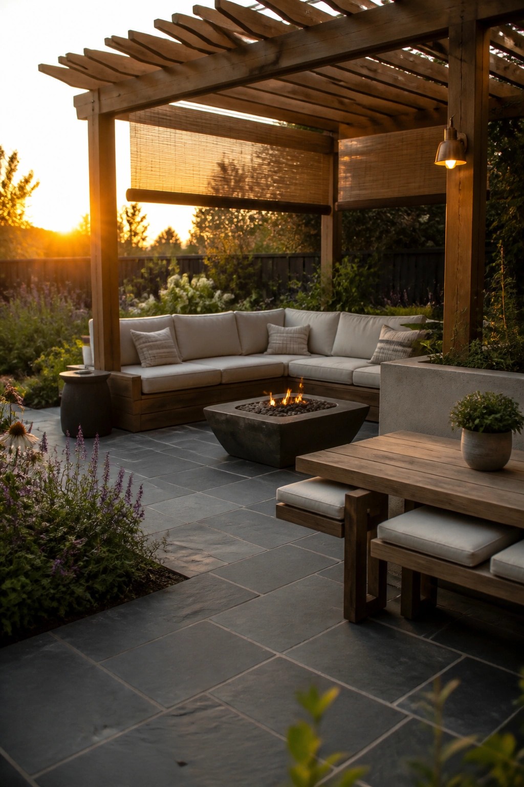 Wooden pergola over stone patio with sofa, fire pit, and sunset garden