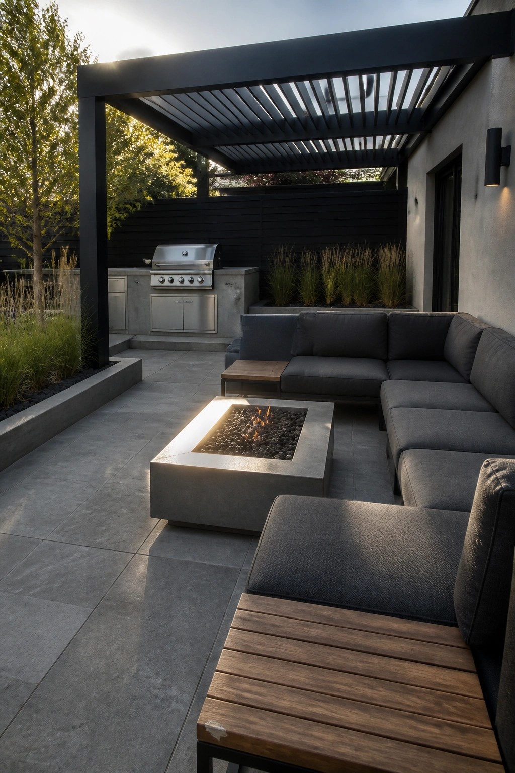 Modern outdoor patio with a dark slatted pergola overhead, gray sectional sofa, concrete fire pit with flames, and built-in grill area against a dark fence.