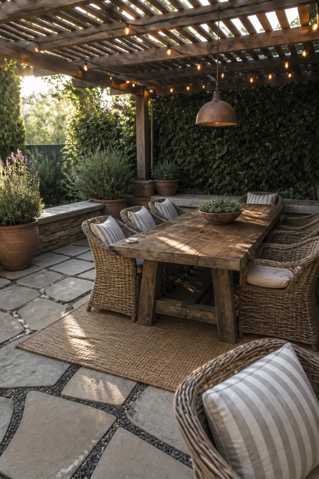 Rustic wooden table with wicker chairs on stone patio under string-lit pergola