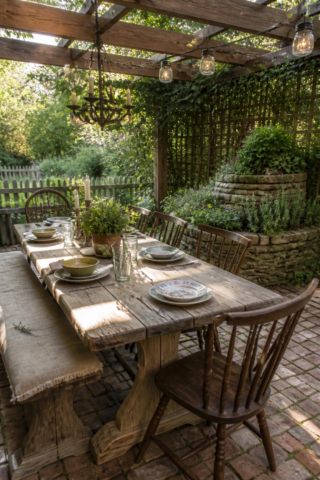 A wooden pergola with string lights and a chandelier shades a long rustic dining table set with plates and glasses on a brick patio.