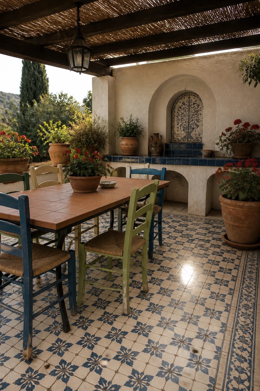 An outdoor patio dining area under a wooden pergola with a thatched roof, featuring a terracotta-tiled table, colorful wooden chairs, patterned floor tiles, and potted plants along a white stucco wall.