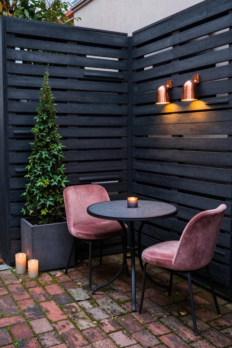 A patio corner enclosed by a dark wooden slatted screen, featuring two pink velvet chairs, a round black table with a lit candle, wall-mounted copper lights, and a tall green plant in a gray planter box.