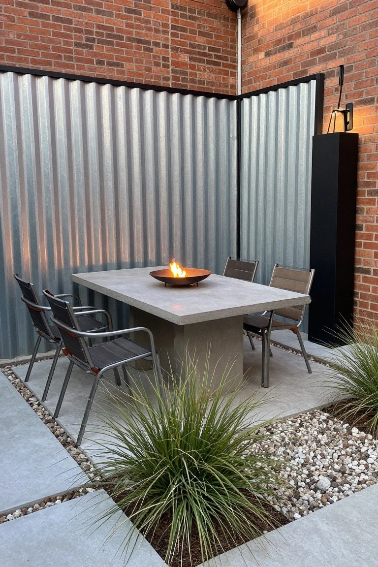 An outdoor patio enclosed by tall corrugated metal panels, with a concrete table holding a fire bowl and surrounded by chairs and low plants.