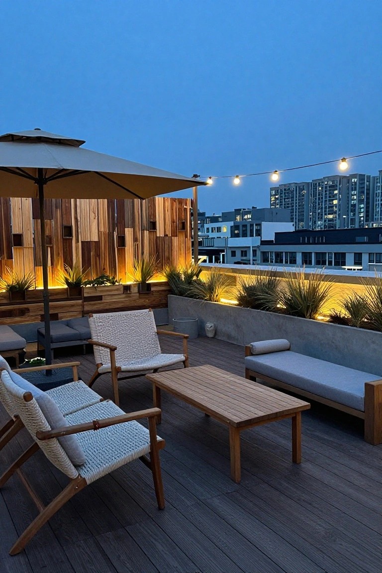 Rooftop patio at dusk with a tall wooden screen featuring built-in planters, string lights overhead, and several lounge chairs around a low table.