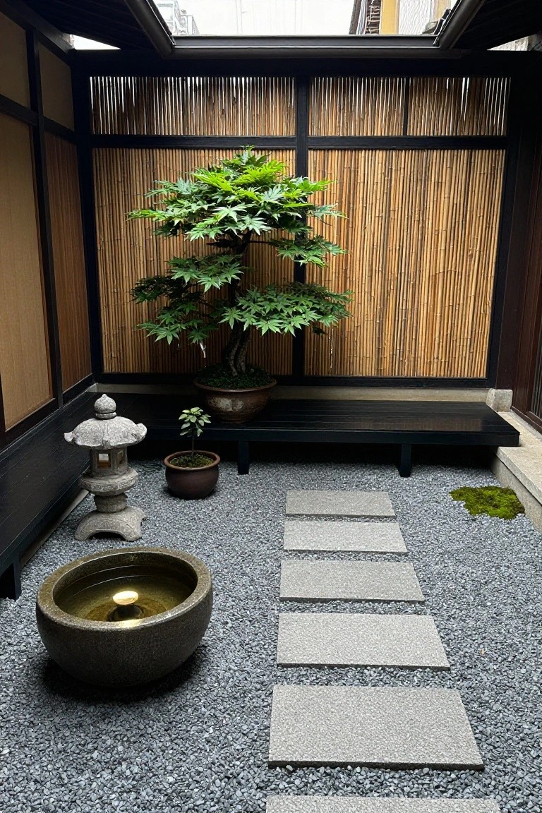 A compact courtyard patio with gravel surface, stone stepping stones leading to a bamboo screen wall, a large potted tree, stone lantern, and water basin.