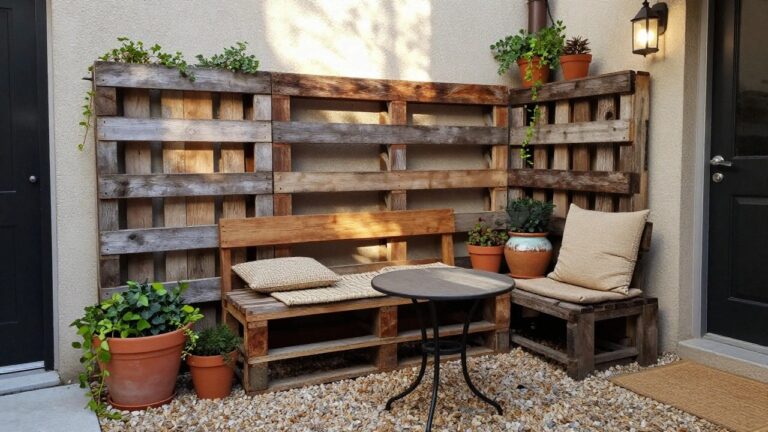 Rustic wooden pallet bench with woven cushions, round table, and potted plants