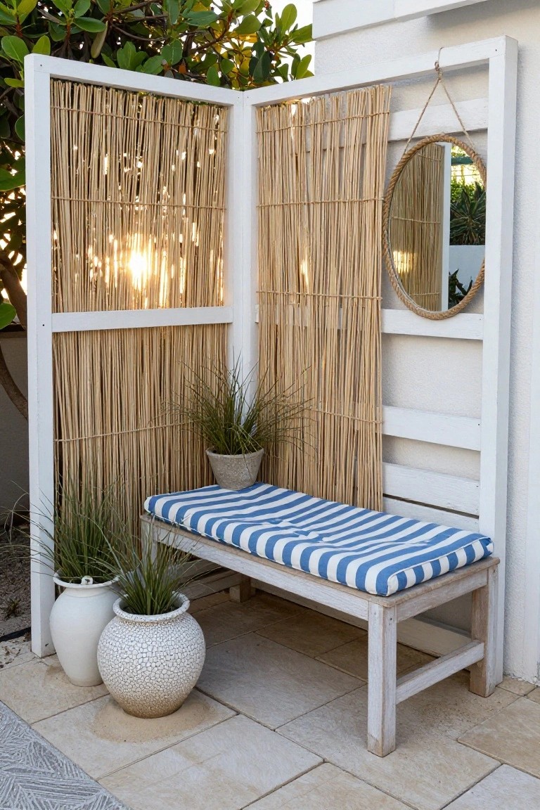 Outdoor patio corner with a white wooden frame holding vertical reed panels, a blue striped bench cushion, and several potted plants on tiled flooring.