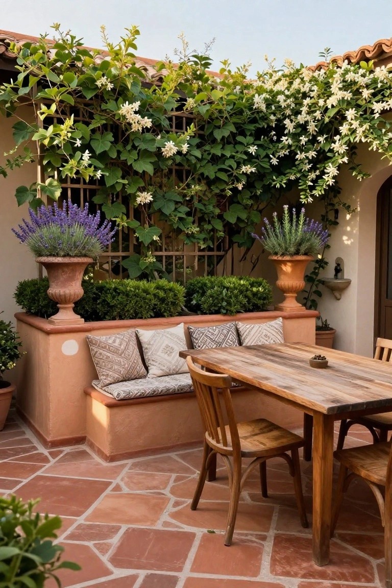 An outdoor patio with a wooden trellis covered in green vines and white flowers behind a built-in bench with cushions, next to a rustic dining table and potted lavender plants.