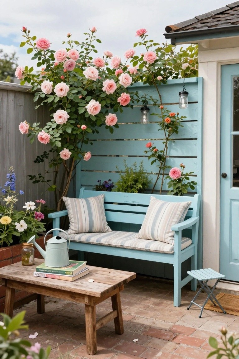 Light blue bench with striped cushions under climbing pink roses on brick patio