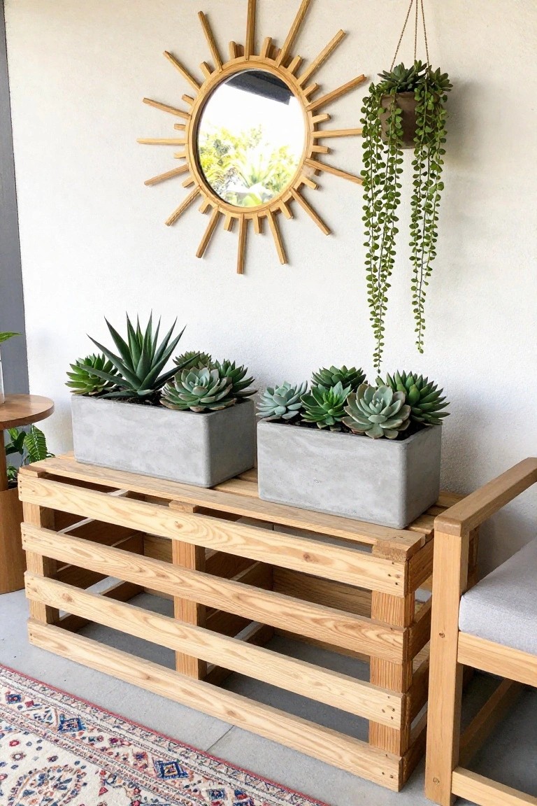Wooden pallet platform holding two rectangular concrete planters with succulents on an outdoor patio beside a wooden chair.