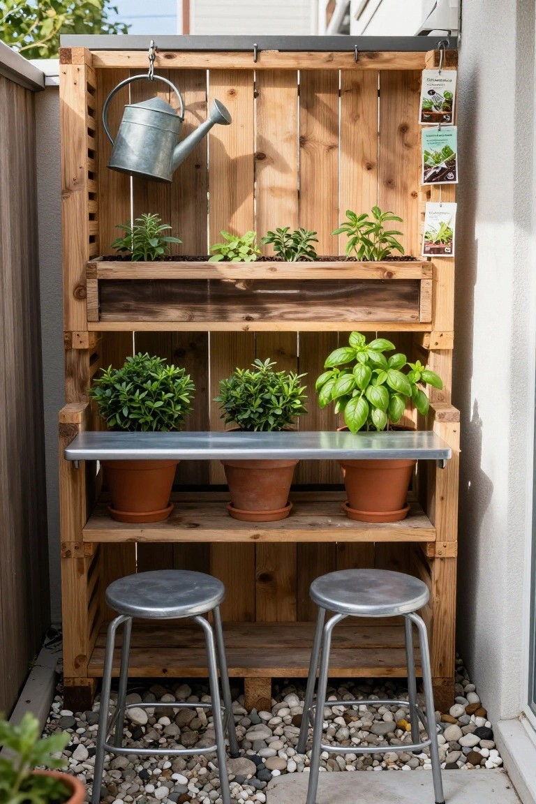 A tall wooden pallet structure with upper and middle shelves holding potted plants, a hanging metal watering can, and two stools on a gravel patio.
