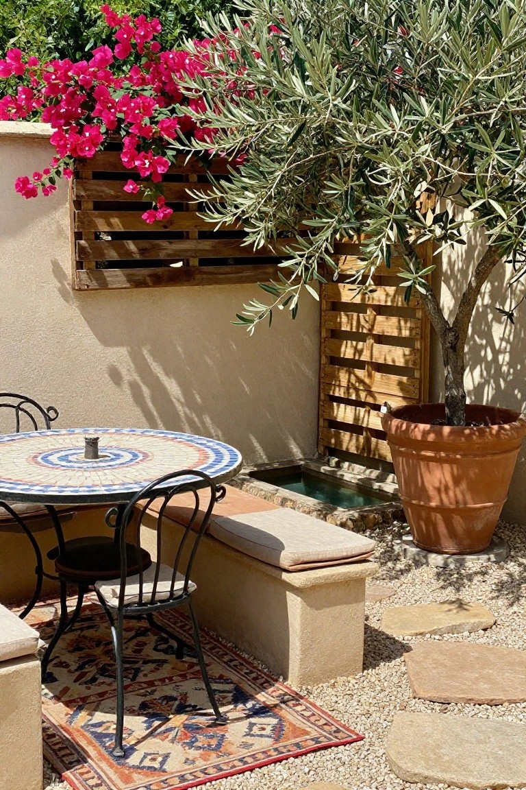 An outdoor patio with wooden pallets mounted on a stucco wall holding pink flowering plants, a potted olive tree, mosaic table, and seating area.