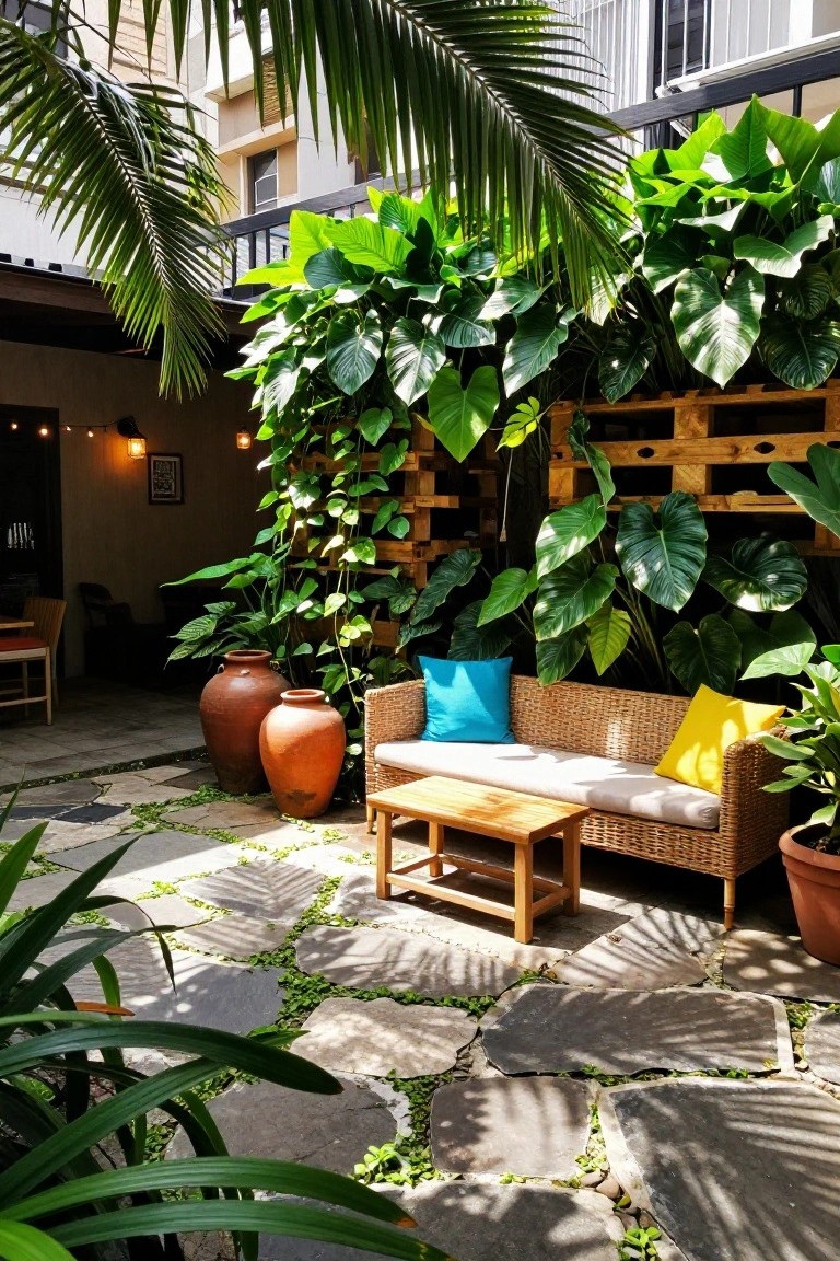 A stone patio with a wooden pallet planter screen covered in large green leaves behind a wicker sofa with blue and yellow cushions.