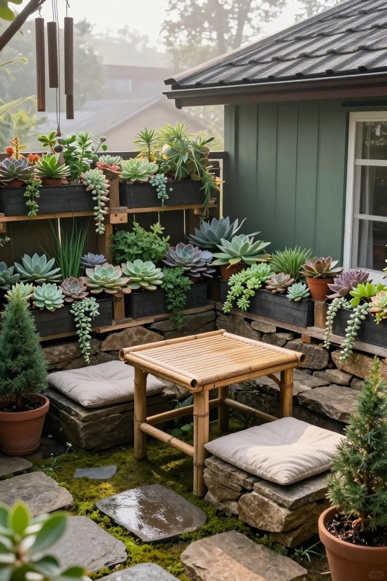 Outdoor patio with bamboo table, cushions on stone steps, and multiple wooden planter boxes filled with succulents mounted along a stone wall beside a green house.