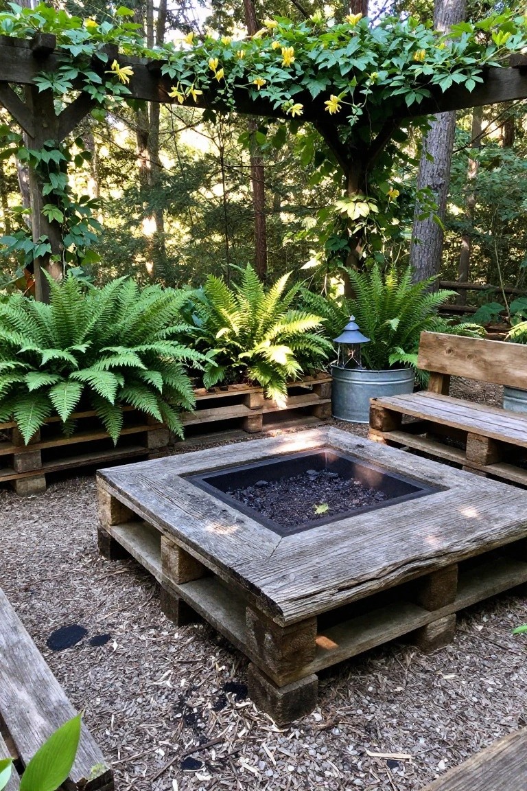 A square pallet fire pit with a metal insert sits on wood chips, surrounded by pallet planters holding ferns and simple wooden pallet benches under a vine-covered pergola.