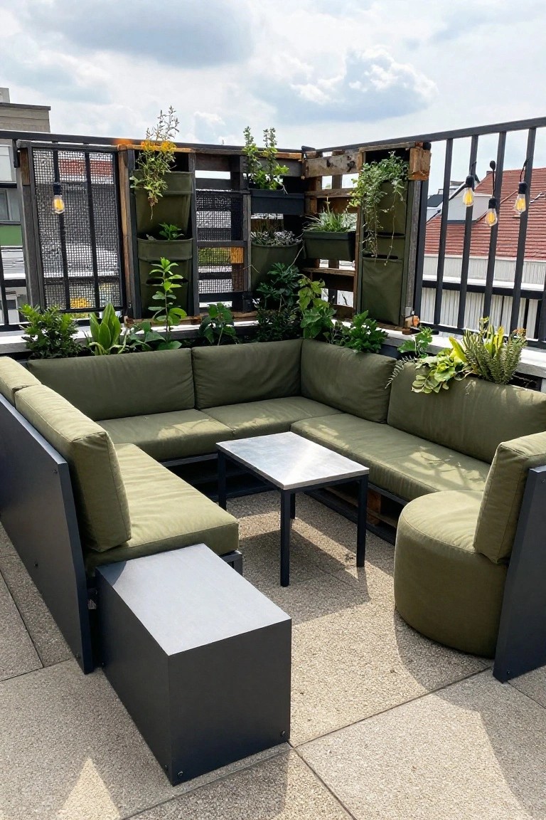 A rooftop terrace with an L-shaped green sectional sofa and round ottoman arranged around a small metal table, backed by vertical wooden pallet planters holding various green plants.