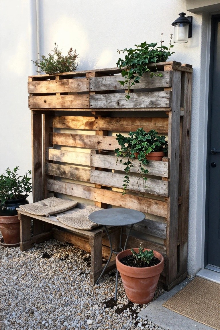 Rustic wooden pallet bench with woven cushions, round table, and potted plants