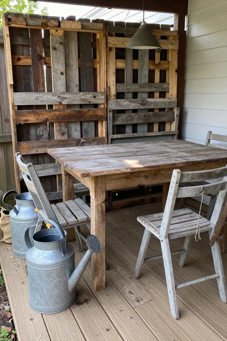 A wooden patio table and chairs sit on a deck in front of tall pallet wood screens, with metal watering cans placed nearby.