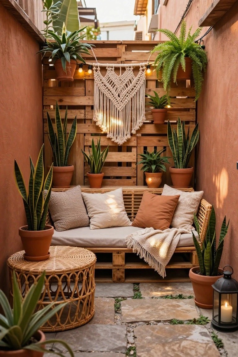 A narrow outdoor patio enclosed by a wooden pallet wall with potted plants, a hanging macrame piece, string lights, a cushioned bench, and a woven side table on stone pavers.