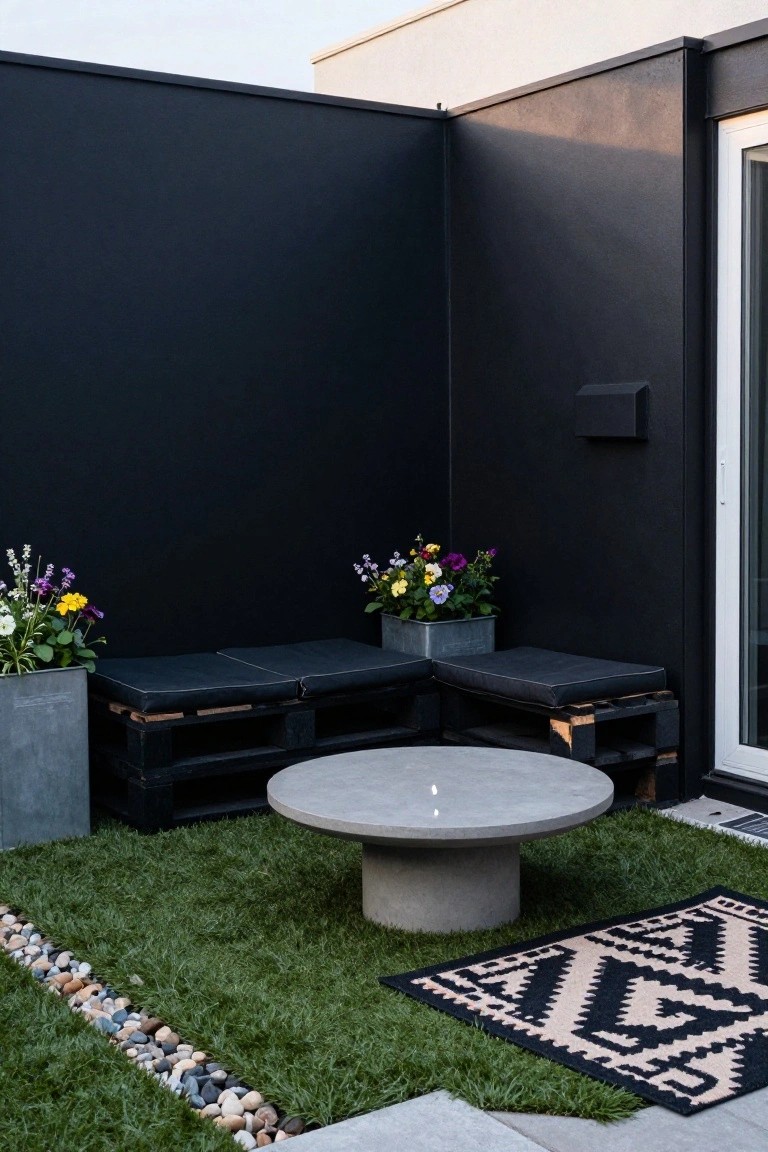 Modern patio with black pallet seating, round concrete fire table, and colorful flower pots.