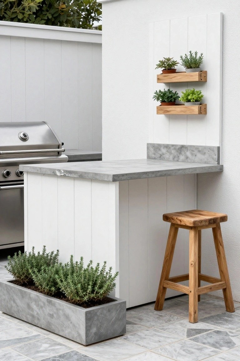 Outdoor kitchen counter with white cabinets, gray top, wooden stool, and plant shelves.