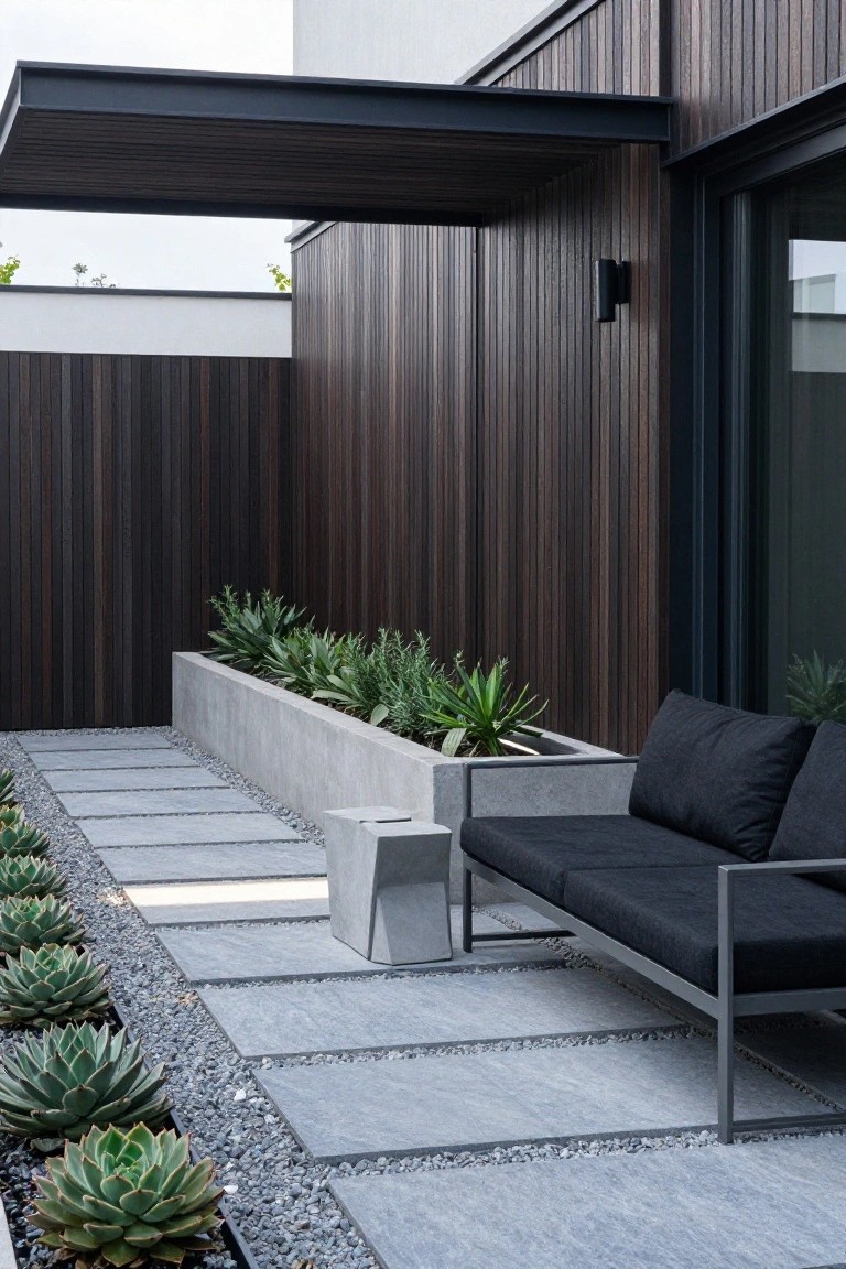 A modern patio shows a long concrete planter filled with succulents and grasses running along a dark wood wall, next to gray stone pavers and a black outdoor sofa.
