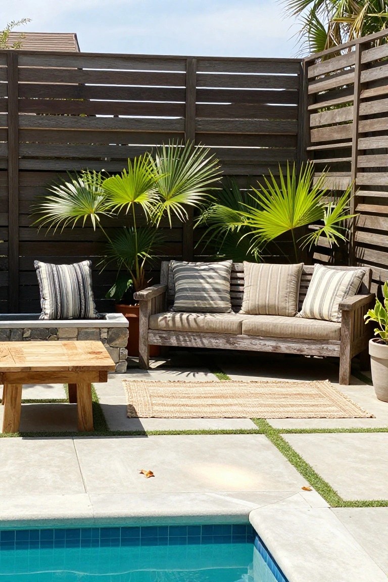 Outdoor patio with a dark horizontal wood slat privacy screen, wooden sofa with striped cushions, large potted palms, concrete pavers, and a swimming pool visible in the foreground.