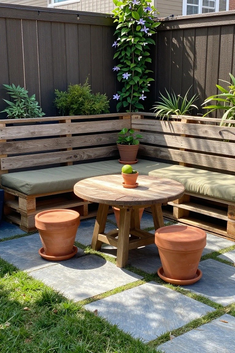 A backyard patio corner with L-shaped pallet benches holding green cushions, a round wooden table in the center, terracotta pots on the ground and bench, and a tall climbing vine on the dark wooden fence.