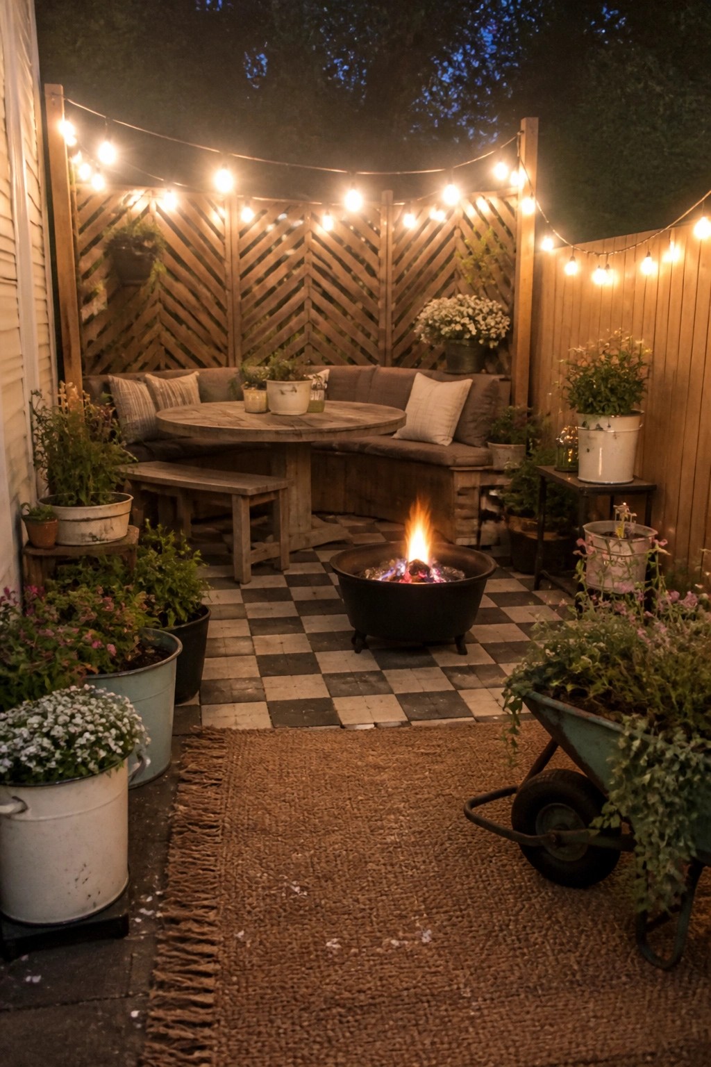 Cozy nighttime patio with fire pit, string lights, checkered rug, and potted plants.
