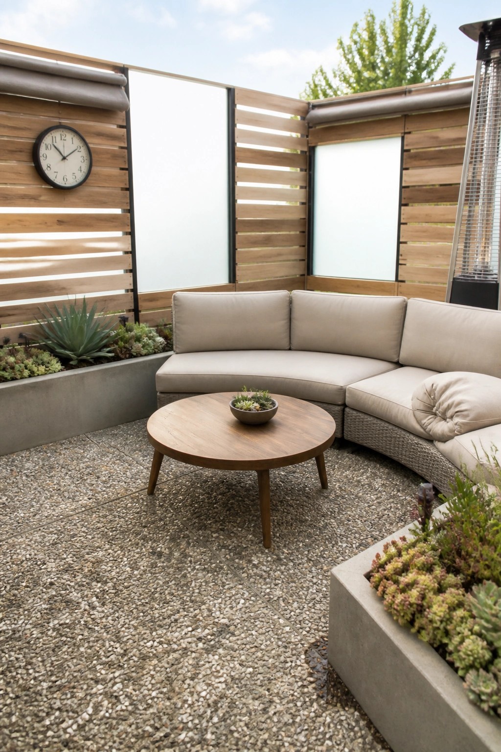 Modern patio with curved beige sofa, round wooden table, and pebble flooring