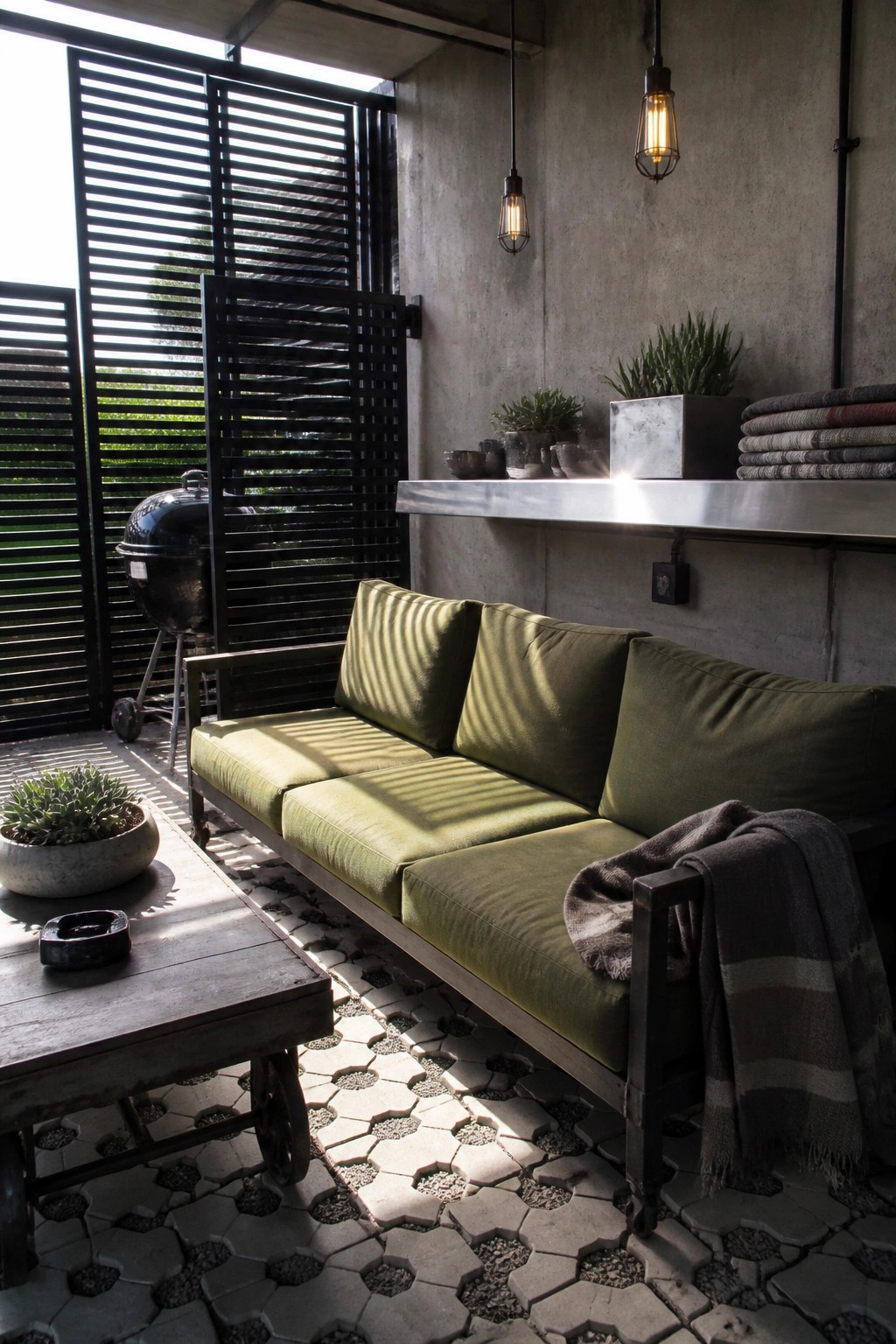 Olive green sofa with sunlight stripes on modern concrete patio with wooden table