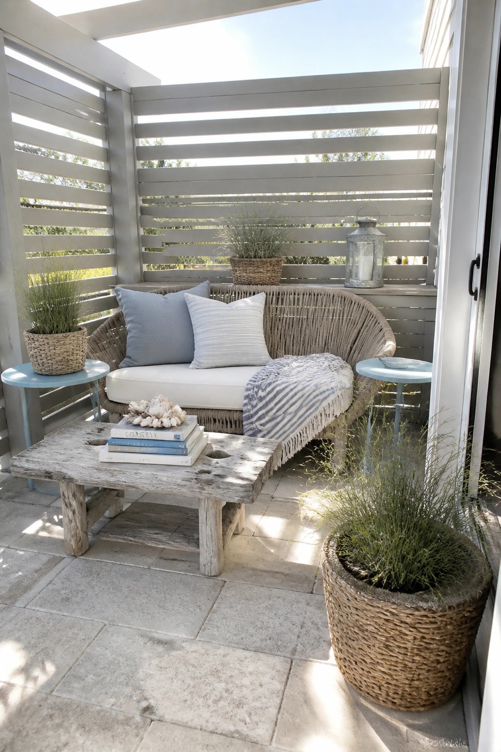 A patio with a curved sofa, wooden coffee table, and potted plants enclosed by gray horizontal slatted screens.