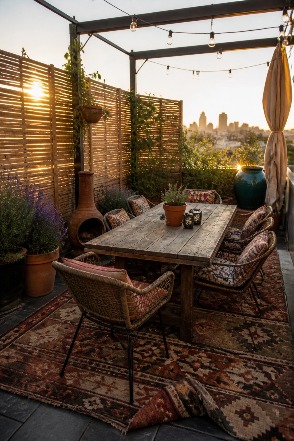 Rooftop terrace with wooden dining table, wicker chairs, string lights, and city skyline at sunset.