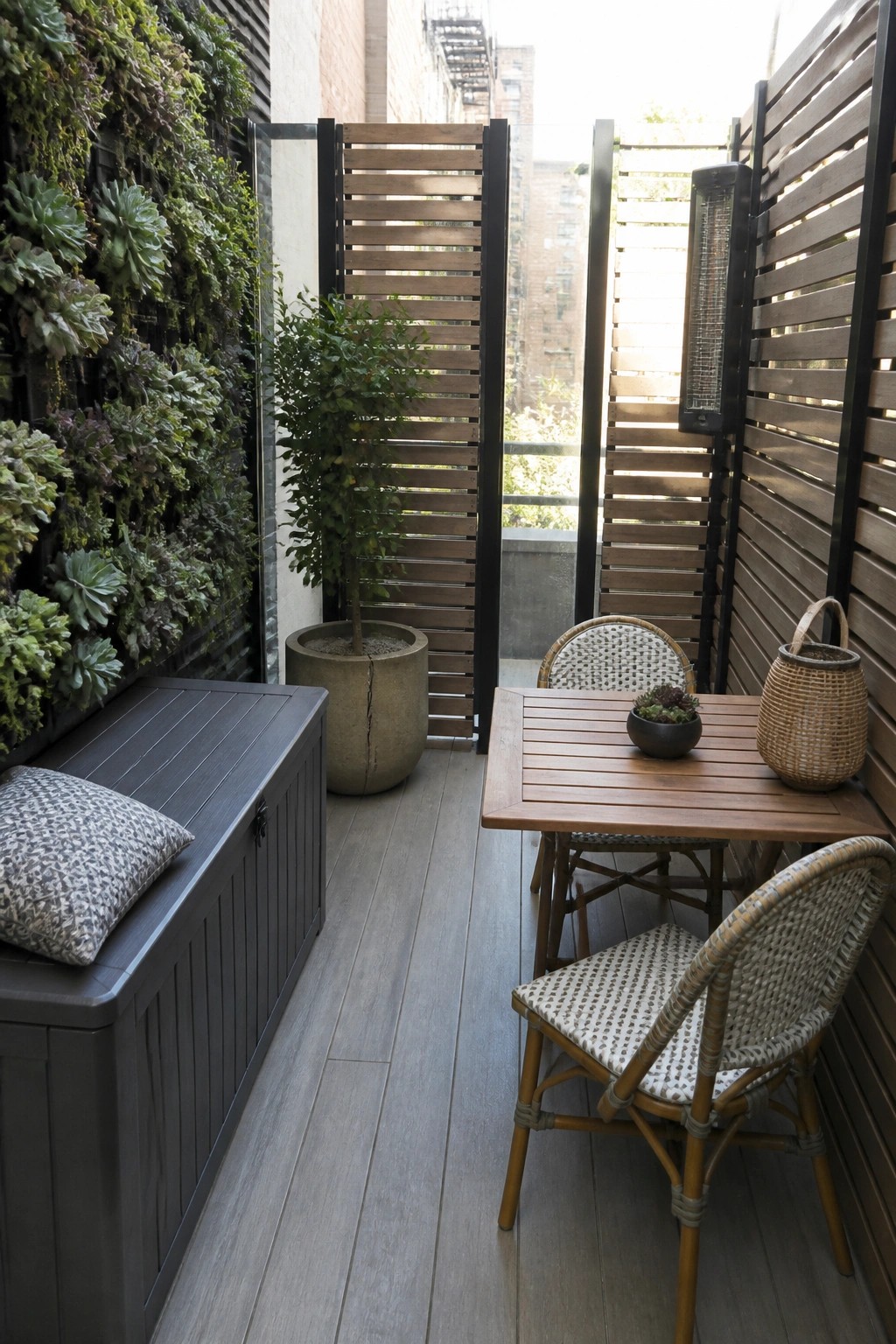 A narrow outdoor patio with a wooden table and chairs, a storage bench with cushion, a potted tree, and vertical wooden slatted privacy screens along the sides.