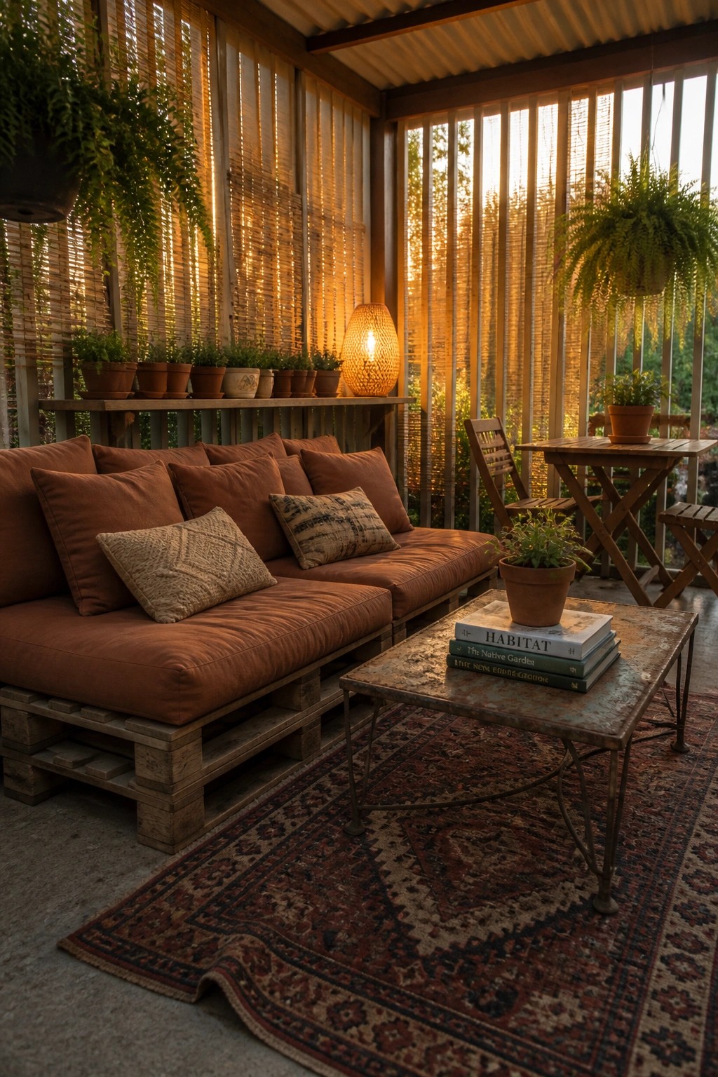 A covered patio with a pallet sofa, metal coffee table, patterned rug, potted plants, and vertical wooden slatted screens on the walls.