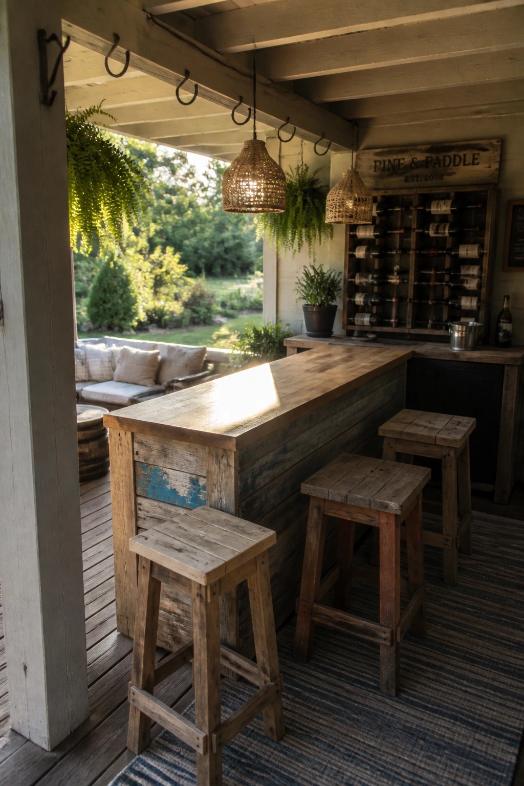 A rustic wooden bar counter built from pallets on a covered porch, with two wooden stools and a wine rack visible behind it.