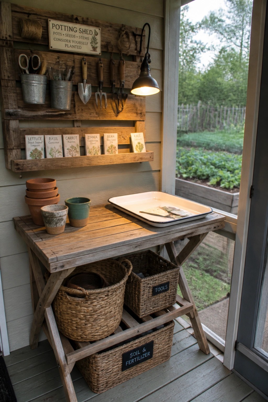 Rustic wooden potting bench with tools, seed packets, tray, and wicker baskets on porch