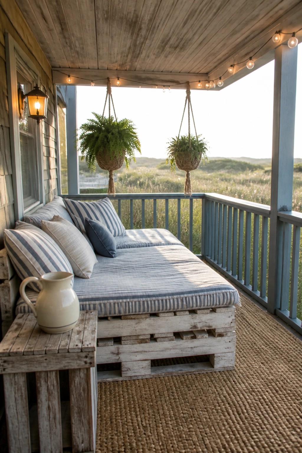 A covered porch features a low daybed made from whitewashed wooden pallets with striped cushions, a ceramic pitcher on a small table, hanging ferns, string lights, and a view of open fields.