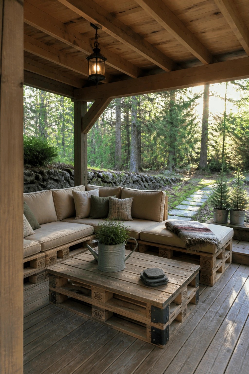 A covered wooden porch features a large sectional sofa and coffee table made from wooden pallets, with beige cushions, a metal watering can, and a forest view in the background.